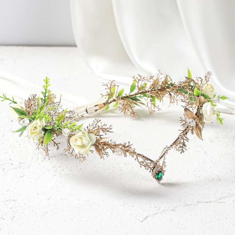 MOSTORY Woodland Fairy Crown Headpiece - Green Flower Elf Crowns for Fairy Cotume Women Renaissance, Forest Floral Headband Elven Circlet for Renfaire Cosplay Photo Shoot - Image 4
